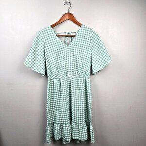 LOFT Feminine Casual Short Midi Tiered Dress Gingham White Green Womens Size MP